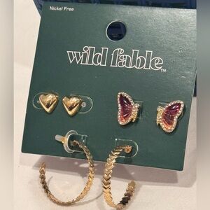 Wild Fable Mixed Earring Set Gold Heart Studs Pink Crystal Butterfly 1.5in Hoops